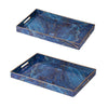 Decorative Serving Tray Set of 2 | Cutout Handles | Blue Gold Faux Marble