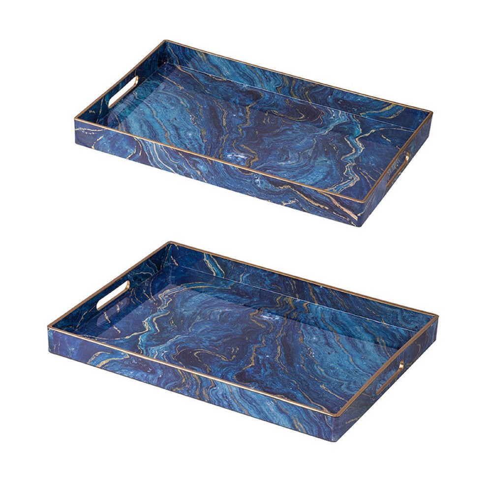 Decorative Serving Tray Set of 2 | Cutout Handles | Blue Gold Faux Marble