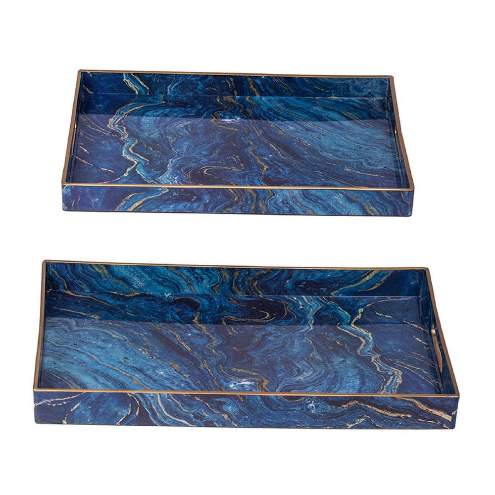 Decorative Serving Tray Set of 2 | Cutout Handles | Blue Gold Faux Marble