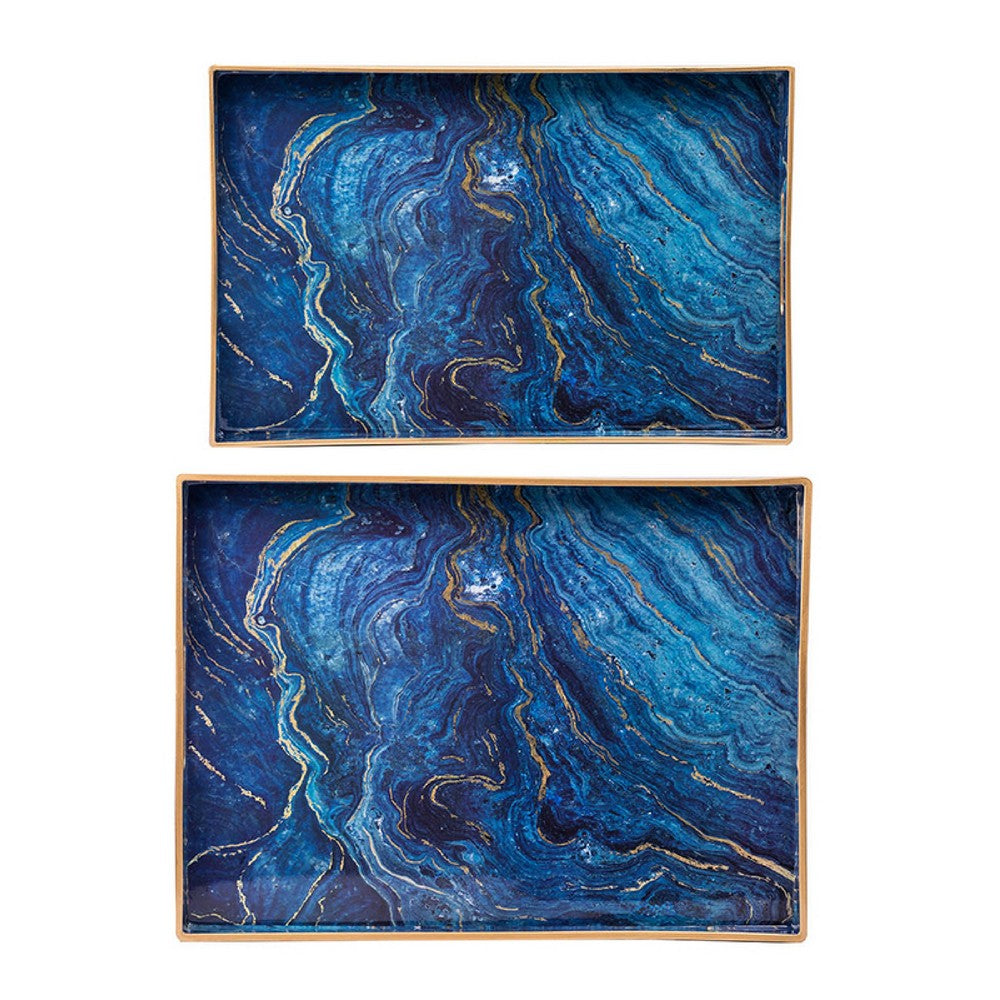 Decorative Serving Tray Set of 2 | Cutout Handles | Blue Gold Faux Marble