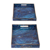 Decorative Serving Tray Set of 2 | Cutout Handles | Blue Gold Faux Marble