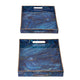 Decorative Serving Tray Set of 2 | Cutout Handles | Blue Gold Faux Marble