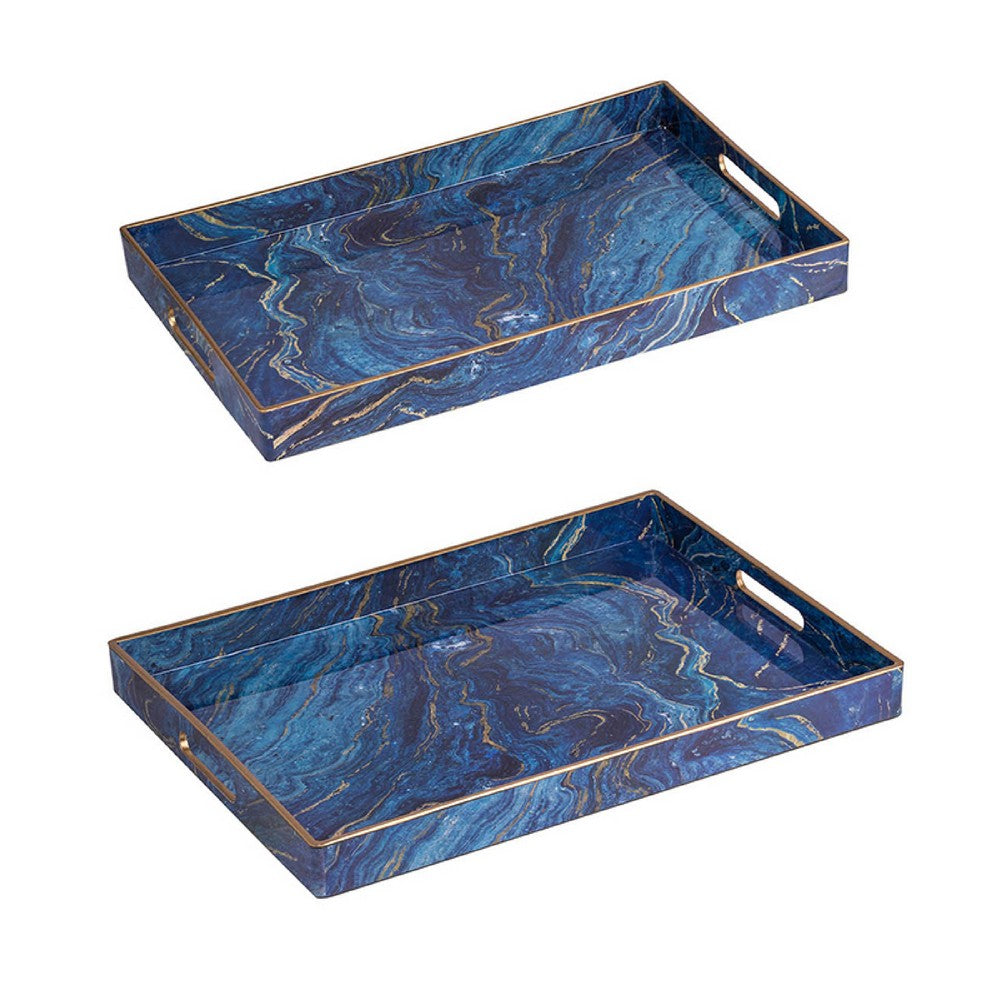 Decorative Serving Tray Set of 2 | Cutout Handles | Blue Gold Faux Marble