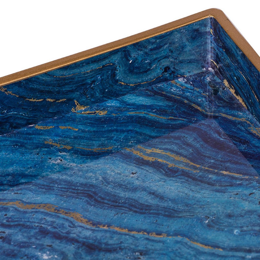 Decorative Serving Tray Set of 2 | Cutout Handles | Blue Gold Faux Marble