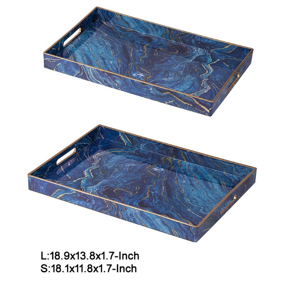 Decorative Serving Tray Set of 2 | Cutout Handles | Blue Gold Faux Marble