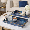 Decorative Serving Tray Set of 2 | Cutout Handles | Blue Gold Faux Marble
