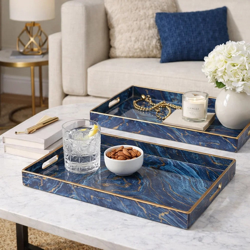 Decorative Serving Tray Set of 2 | Cutout Handles | Blue Gold Faux Marble