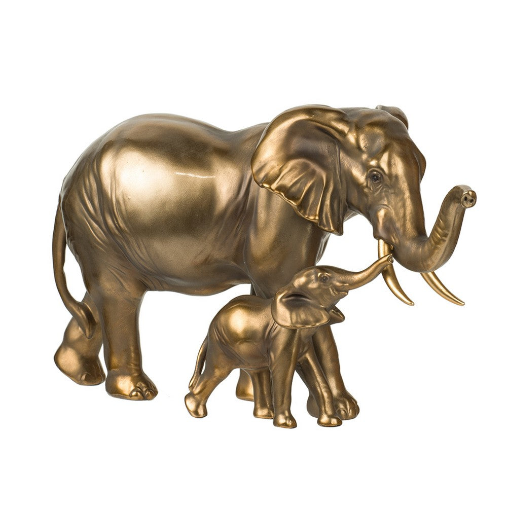 Mother & Baby Elephant Decorative Statue | 12" Gold Bronze Polyresin