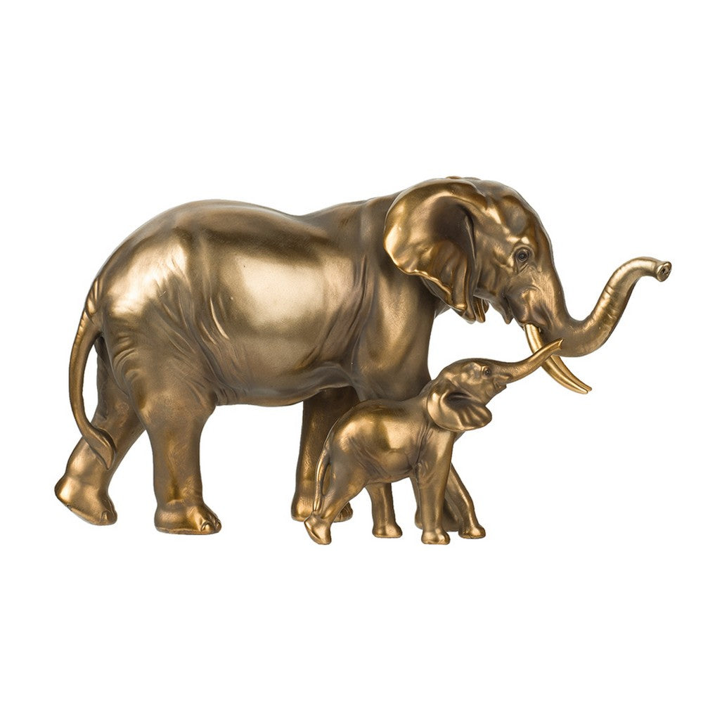 Mother & Baby Elephant Decorative Statue | 12" Gold Bronze Polyresin