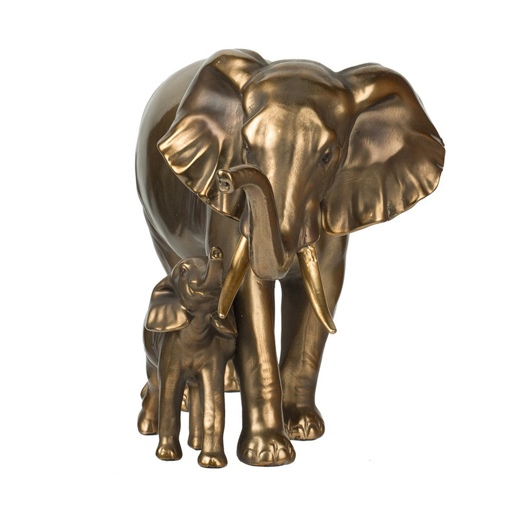 Mother & Baby Elephant Decorative Statue | 12" Gold Bronze Polyresin