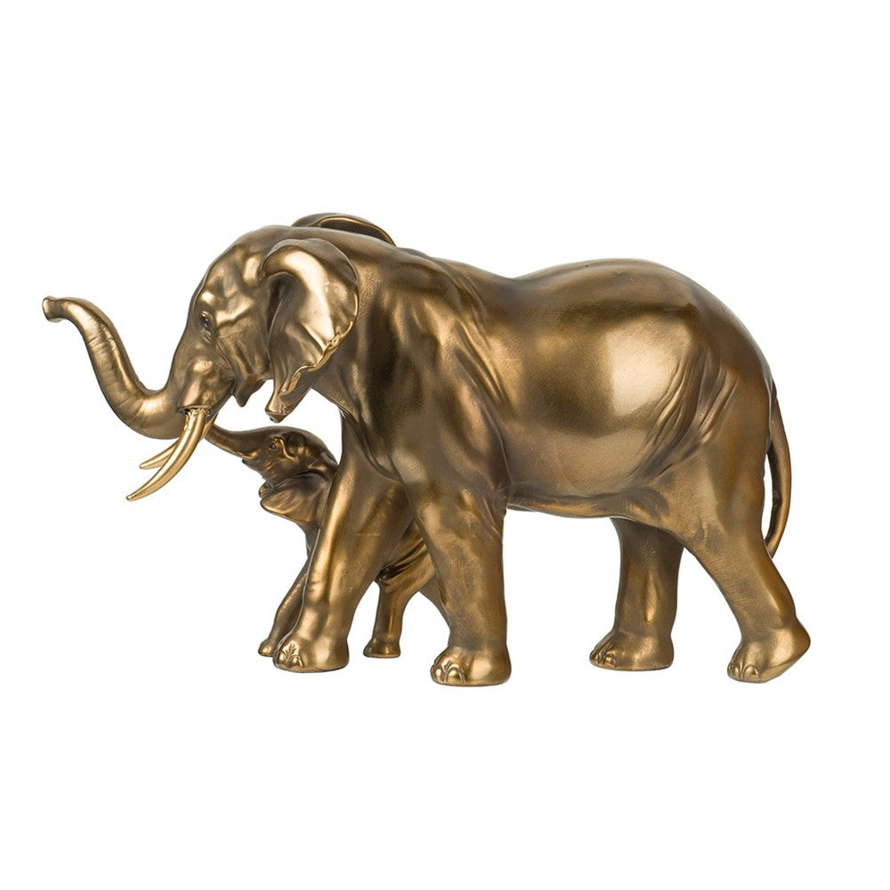 Mother & Baby Elephant Decorative Statue | 12" Gold Bronze Polyresin
