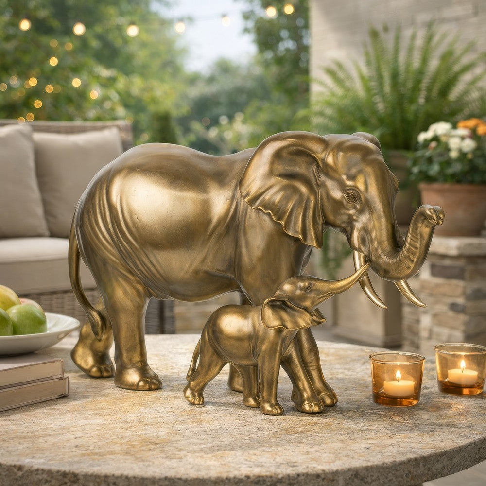 Mother & Baby Elephant Decorative Statue | 12" Gold Bronze Polyresin