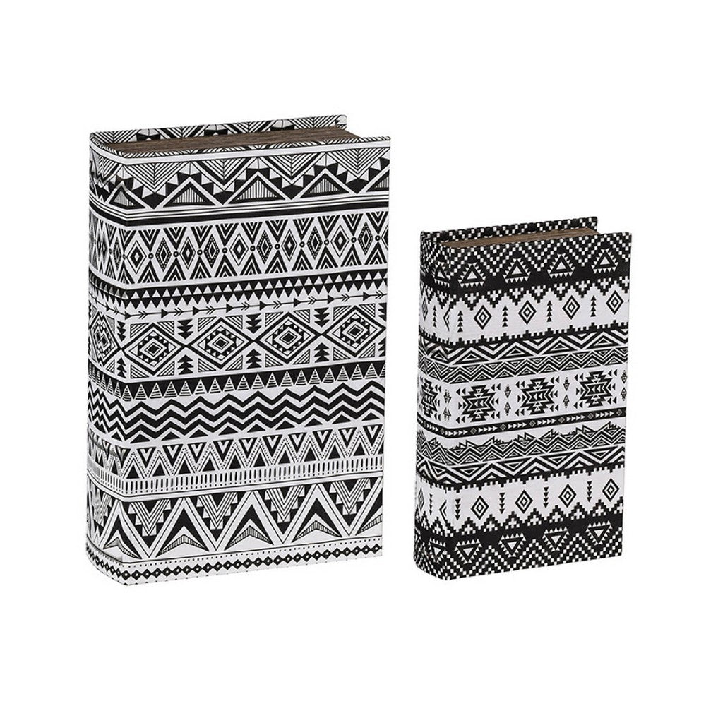 Decorative Book Storage Box Set of 2 | White Black Geometric Pattern