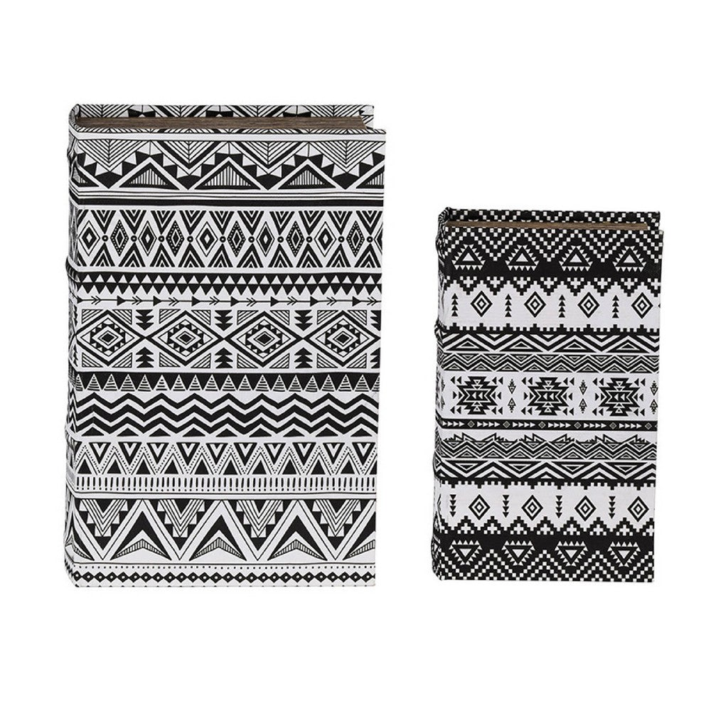 Decorative Book Storage Box Set of 2 | White Black Geometric Pattern