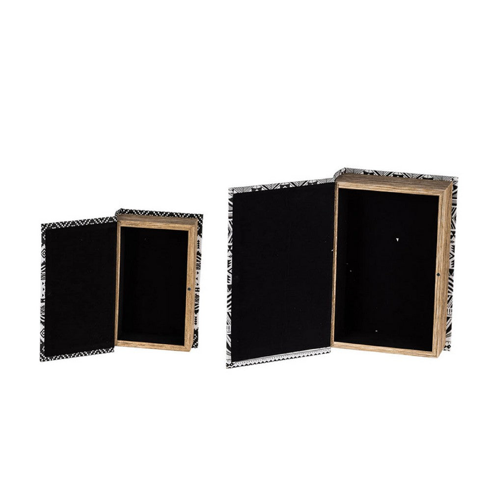 Decorative Book Storage Box Set of 2 | White Black Geometric Pattern