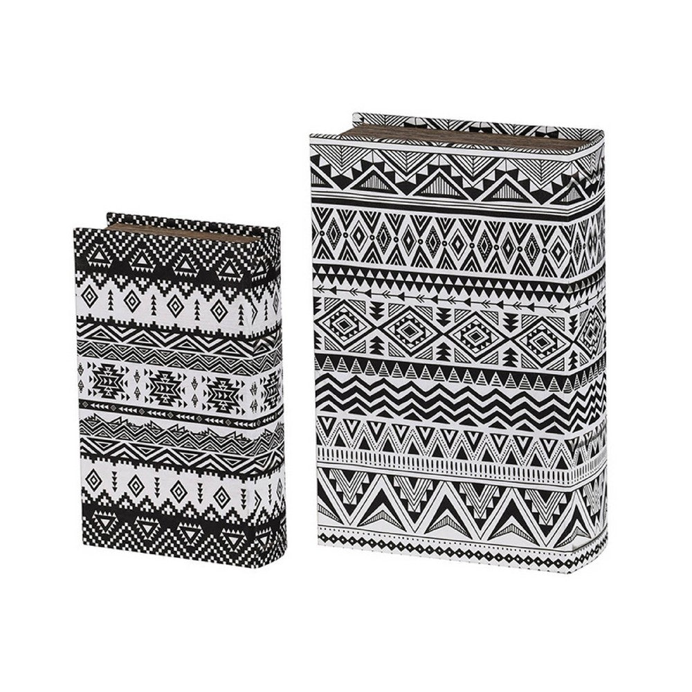 Decorative Book Storage Box Set of 2 | White Black Geometric Pattern