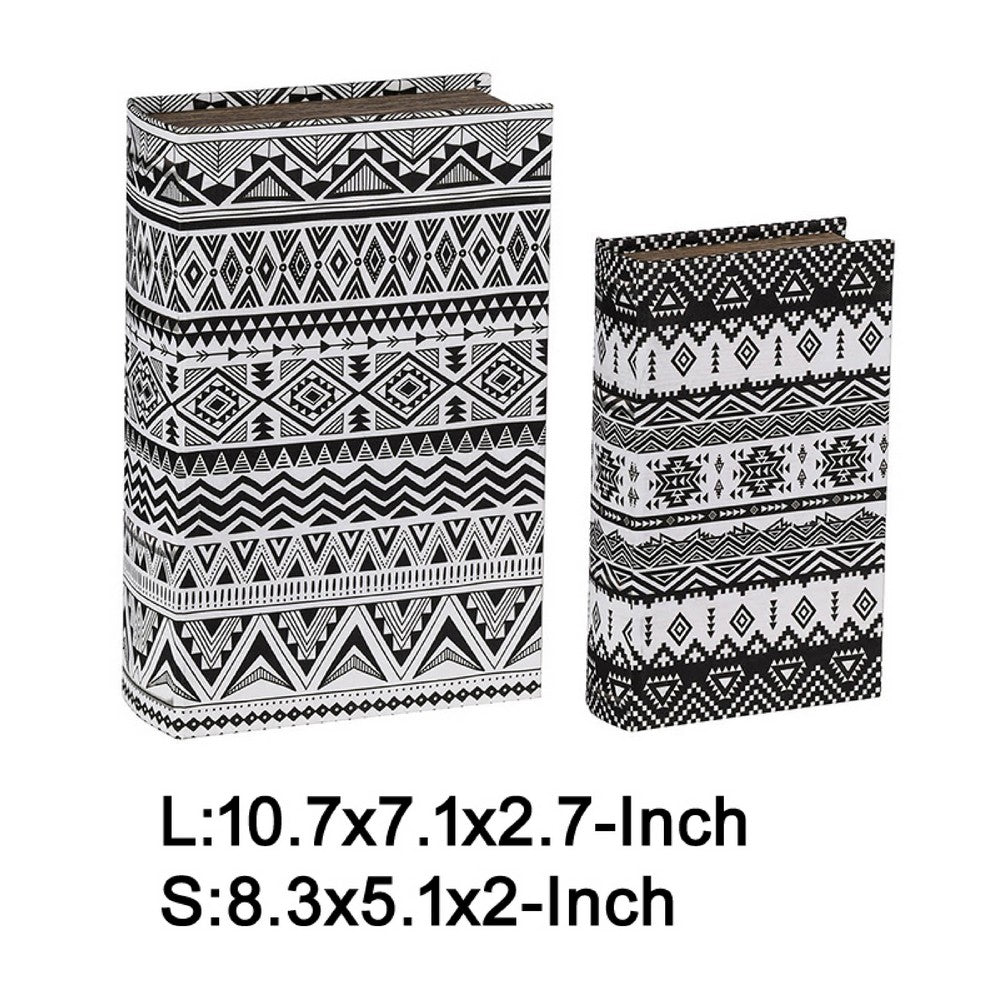 Decorative Book Storage Box Set of 2 | White Black Geometric Pattern