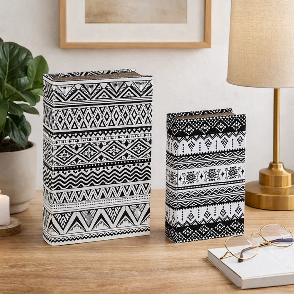 Decorative Book Storage Box Set of 2 | White Black Geometric Pattern