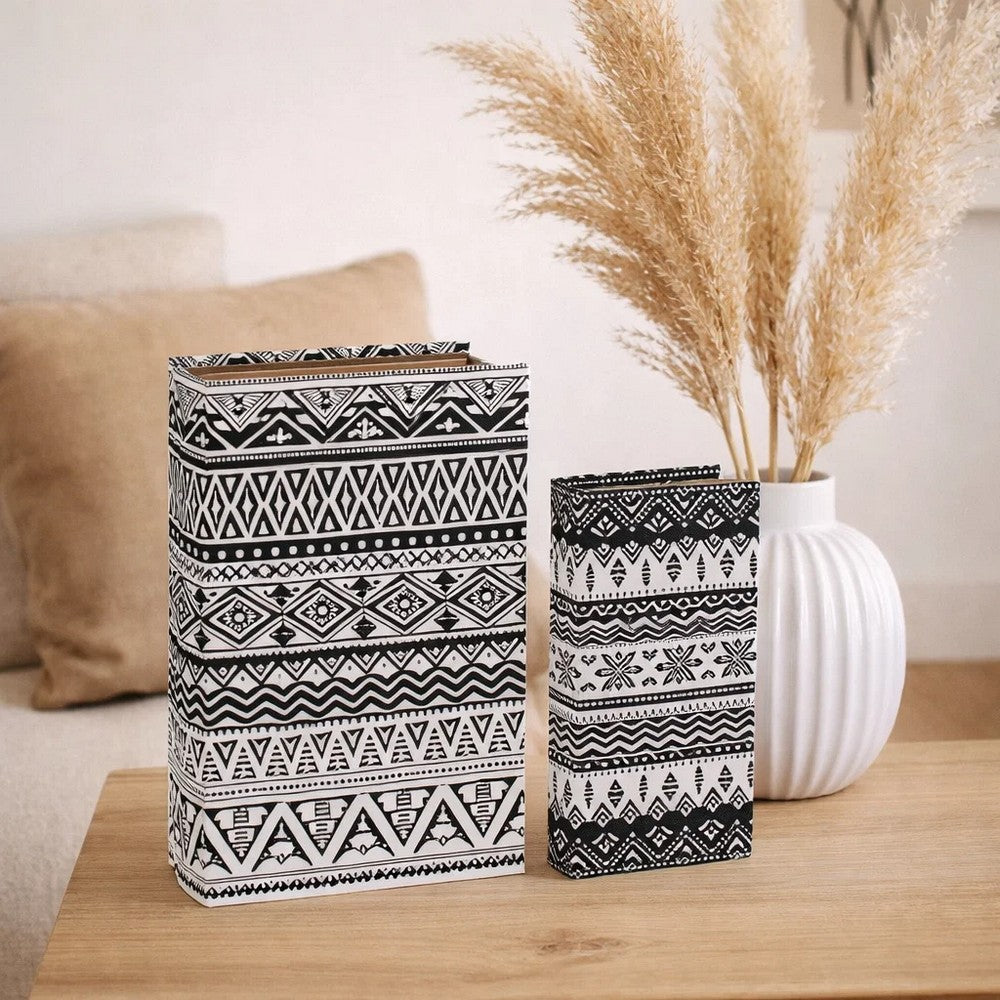 Decorative Book Storage Box Set of 2 | White Black Geometric Pattern