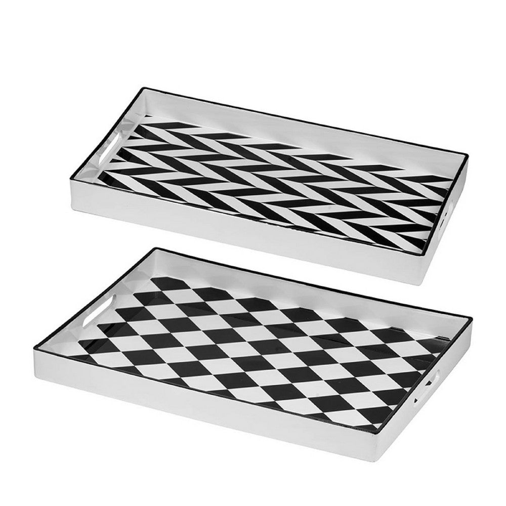 Set of 2 Serving Trays | Black & White Checkered & Chevron Pattern