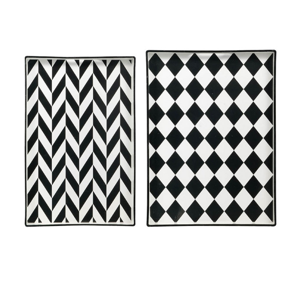 Set of 2 Serving Trays | Black & White Checkered & Chevron Pattern