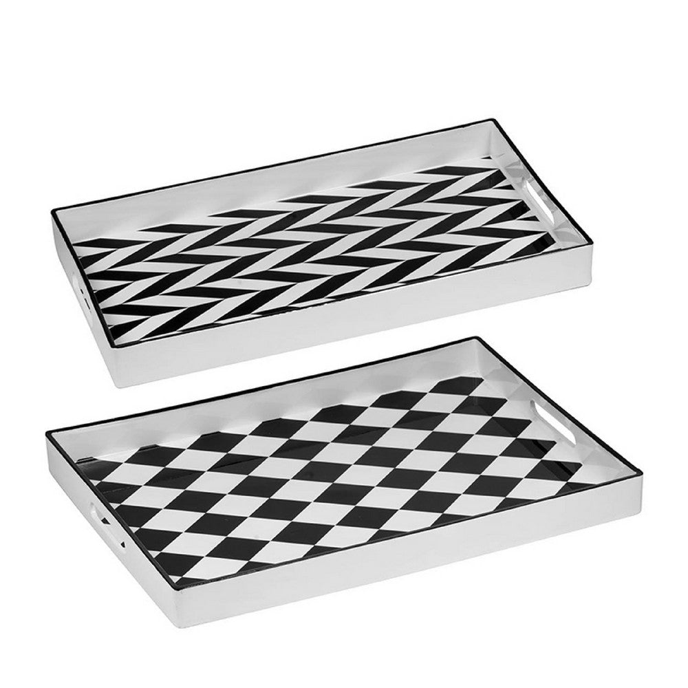 Set of 2 Serving Trays | Black & White Checkered & Chevron Pattern
