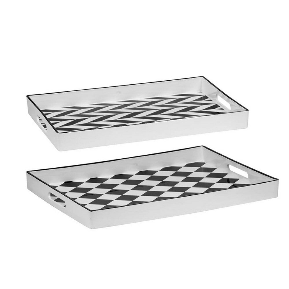 Set of 2 Serving Trays | Black & White Checkered & Chevron Pattern
