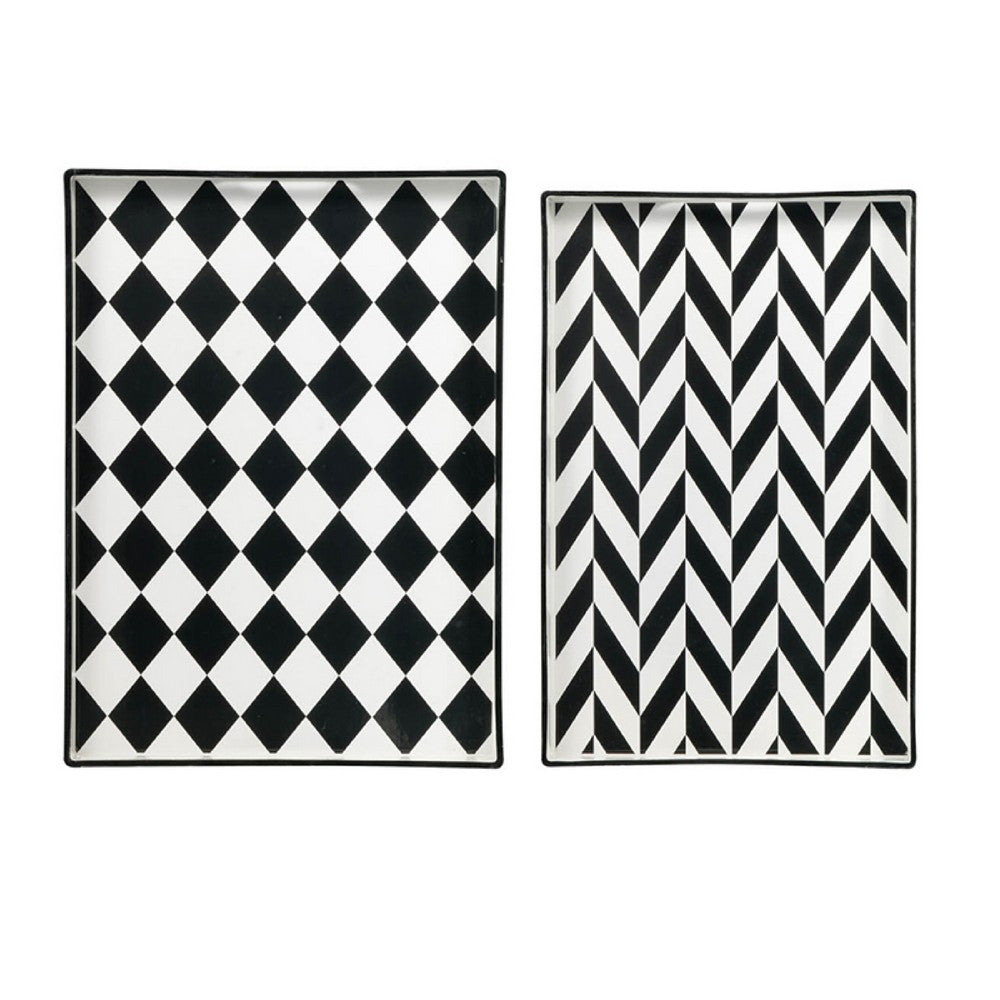 Set of 2 Serving Trays | Black & White Checkered & Chevron Pattern