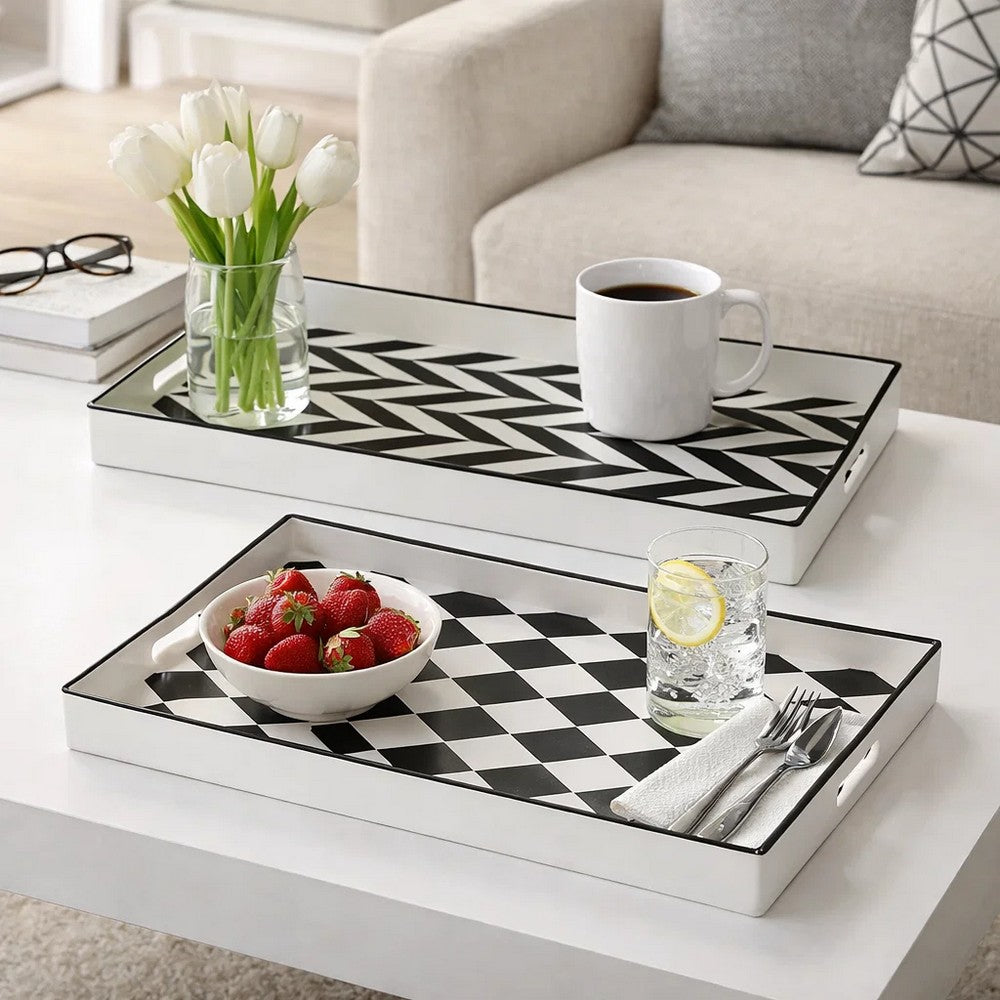 Set of 2 Serving Trays | Black & White Checkered & Chevron Pattern