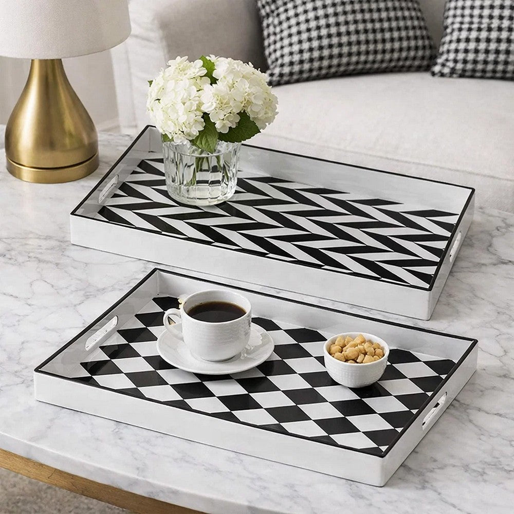 Set of 2 Serving Trays | Black & White Checkered & Chevron Pattern