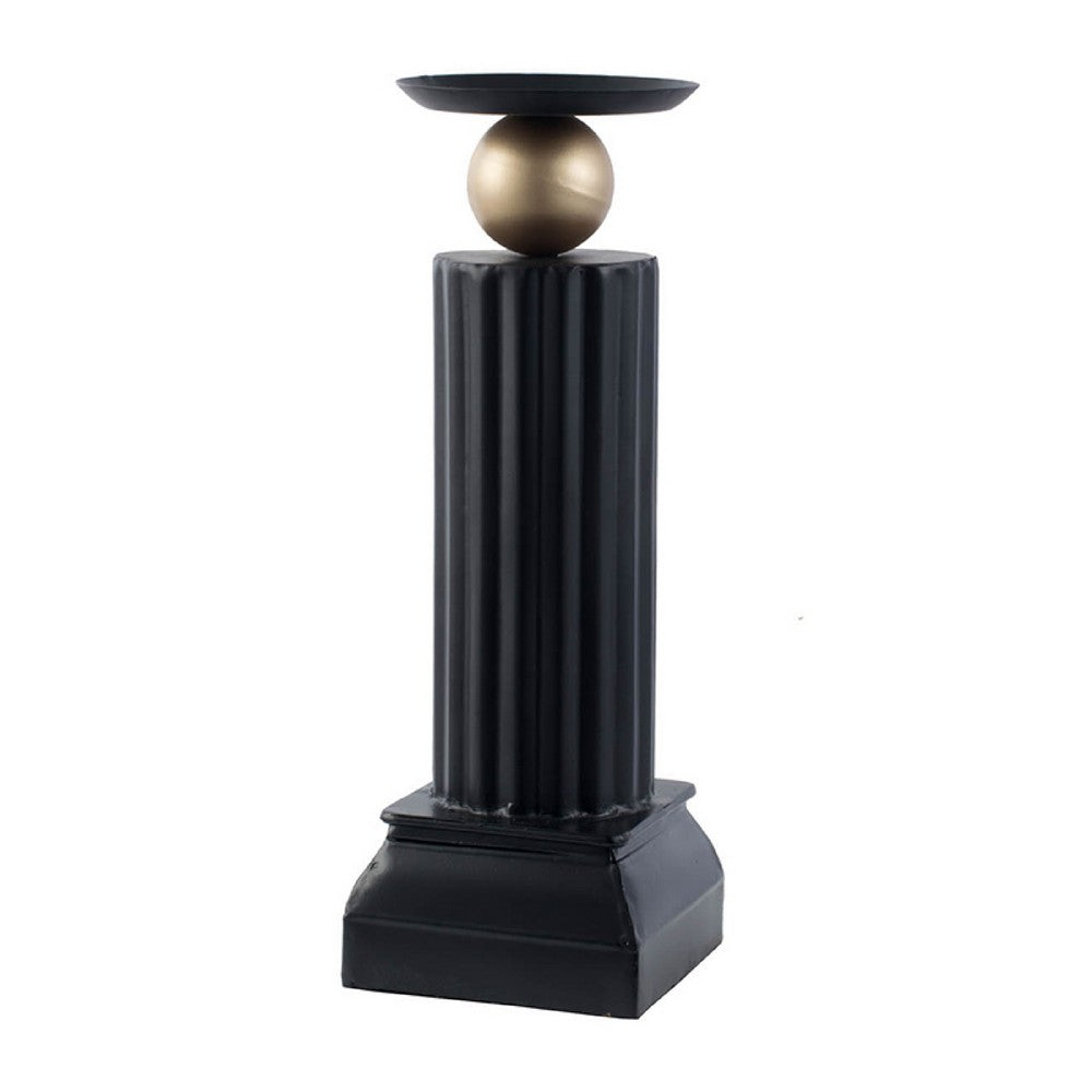 Lemo Candle Holder | Gold Sphere Accent | 15" Black Iron Column Pillar