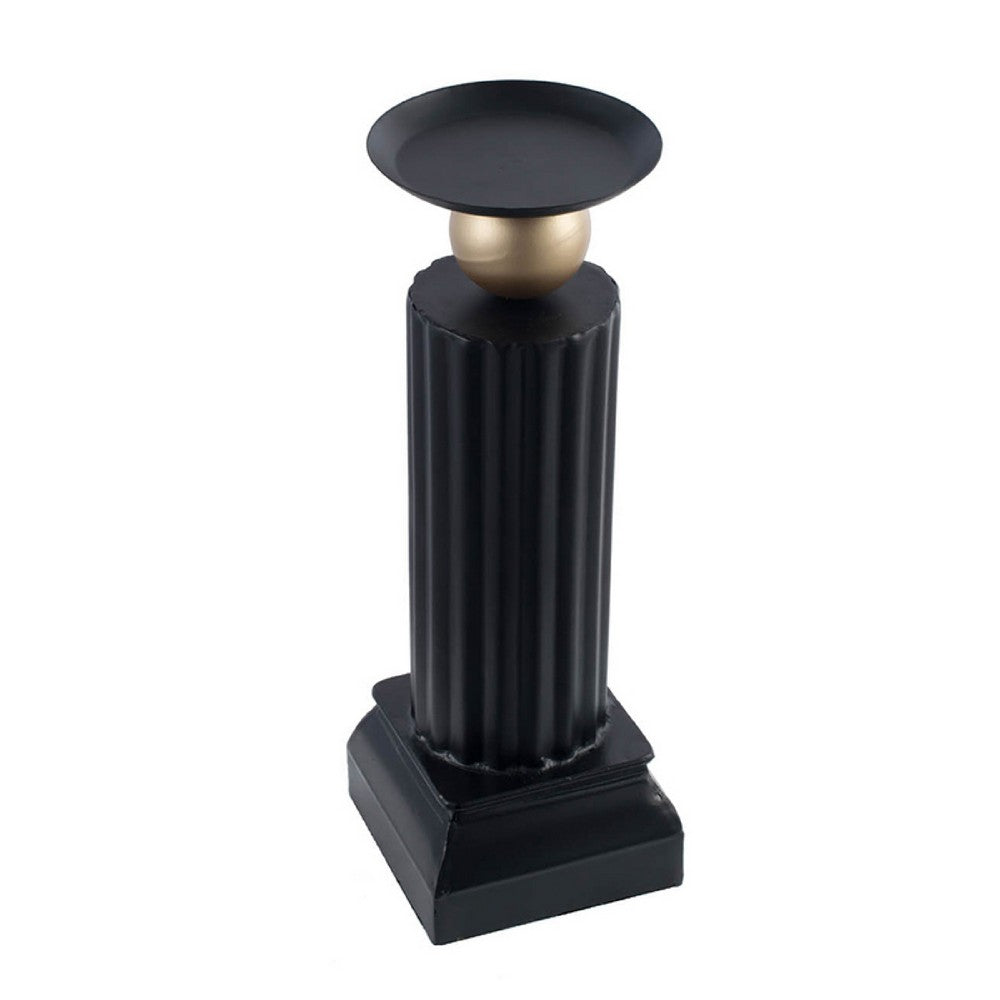 Lemo Candle Holder | Gold Sphere Accent | 15" Black Iron Column Pillar