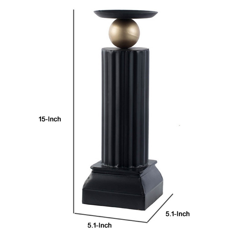 Lemo Candle Holder | Gold Sphere Accent | 15" Black Iron Column Pillar