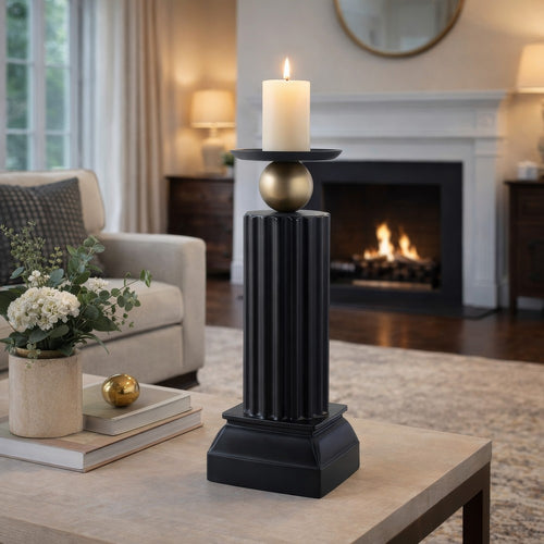 Lemo Candle Holder | Gold Sphere Accent | 15" Black Iron Column Pillar
