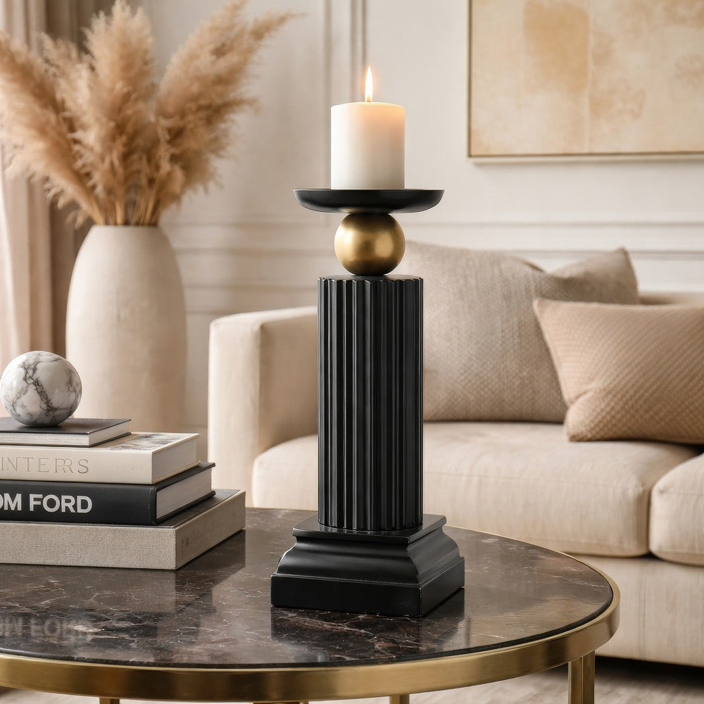 Lemo Candle Holder | Gold Sphere Accent | 18" Black Iron Column Pillar