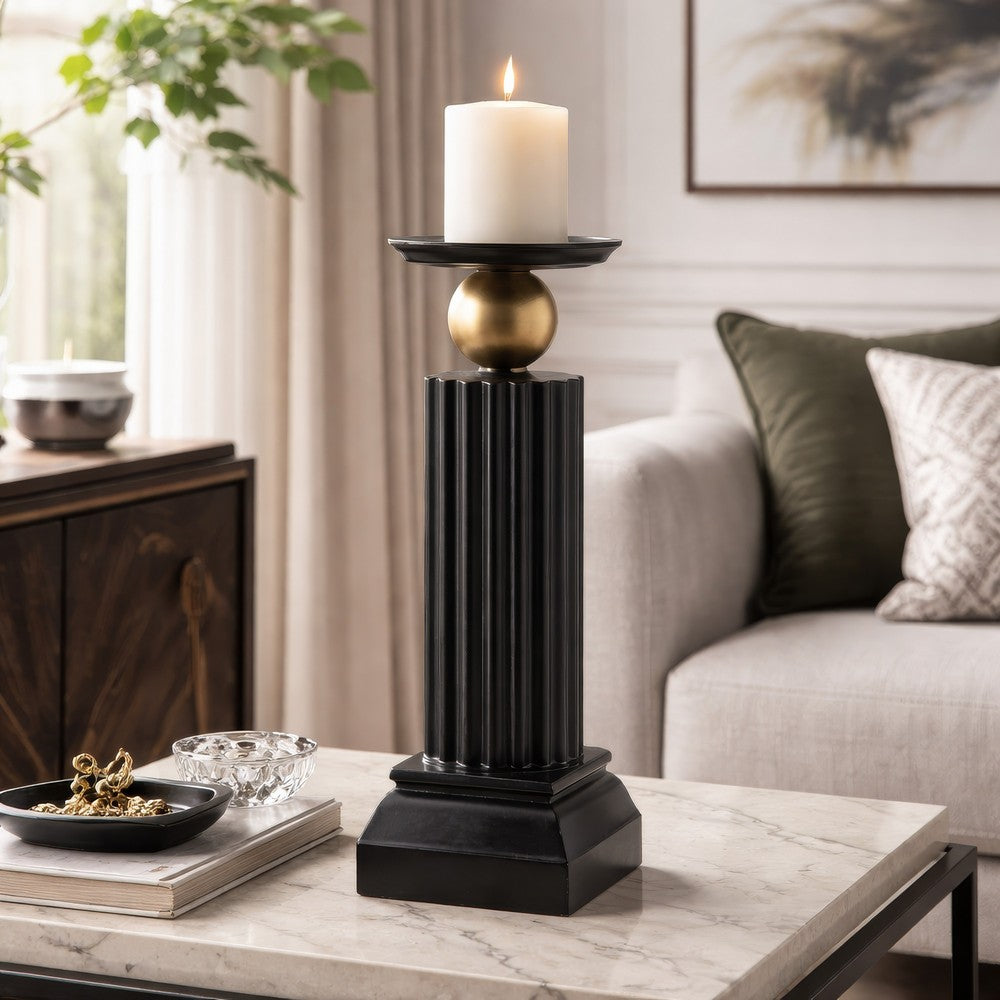 Lemo Candle Holder | Gold Sphere Accent | 18" Black Iron Column Pillar