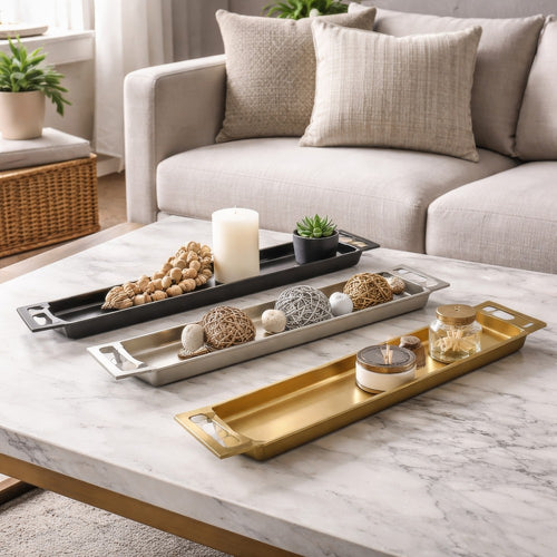 Slim Decorative Runner Tray Set of 3 | Black Silver & Gold Aluminum