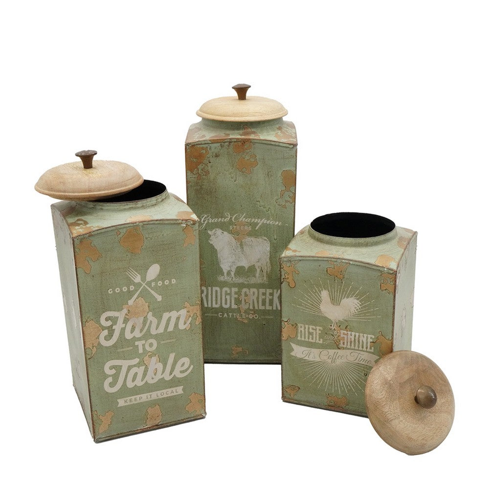 Storage Canister Jars with Wood Lids Set of 3 | Farmhouse Galvanized Iron