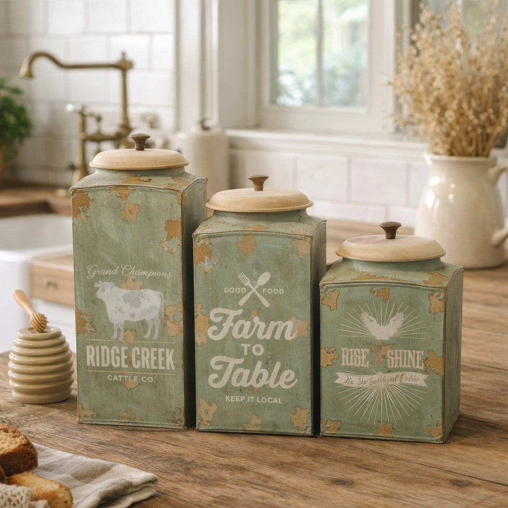 Storage Canister Jars with Wood Lids Set of 3 | Farmhouse Galvanized Iron