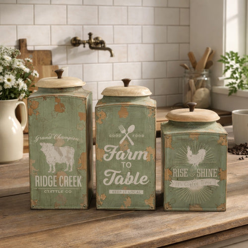Storage Canister Jars with Wood Lids Set of 3 | Farmhouse Galvanized Iron