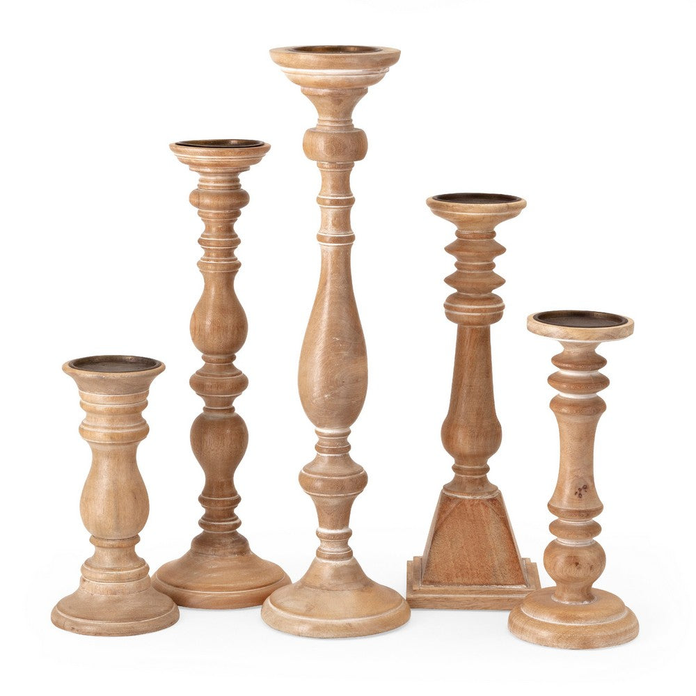 Hez 5pc Turned Candle Holder Set | Table top Accent | Rustic Brown Wood