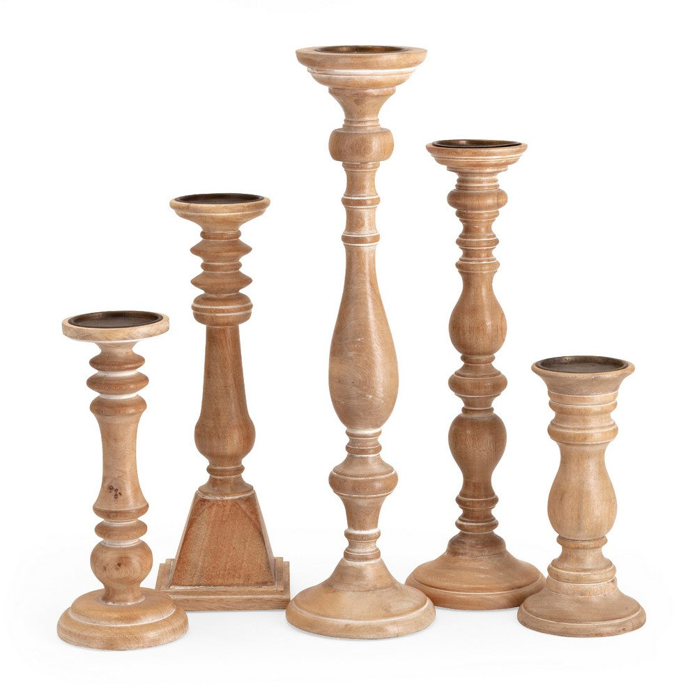 Hez 5pc Turned Candle Holder Set | Table top Accent | Rustic Brown Wood