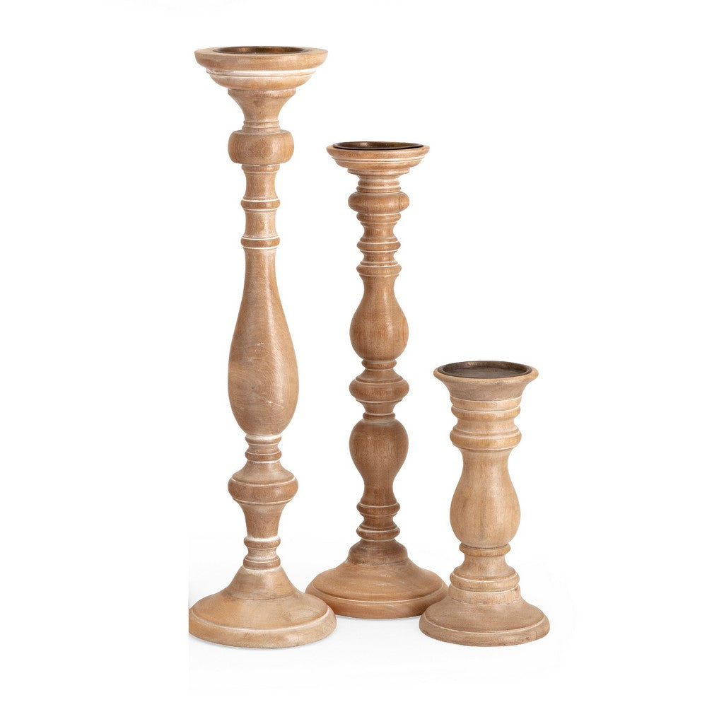 Hez 5pc Turned Candle Holder Set | Table top Accent | Rustic Brown Wood