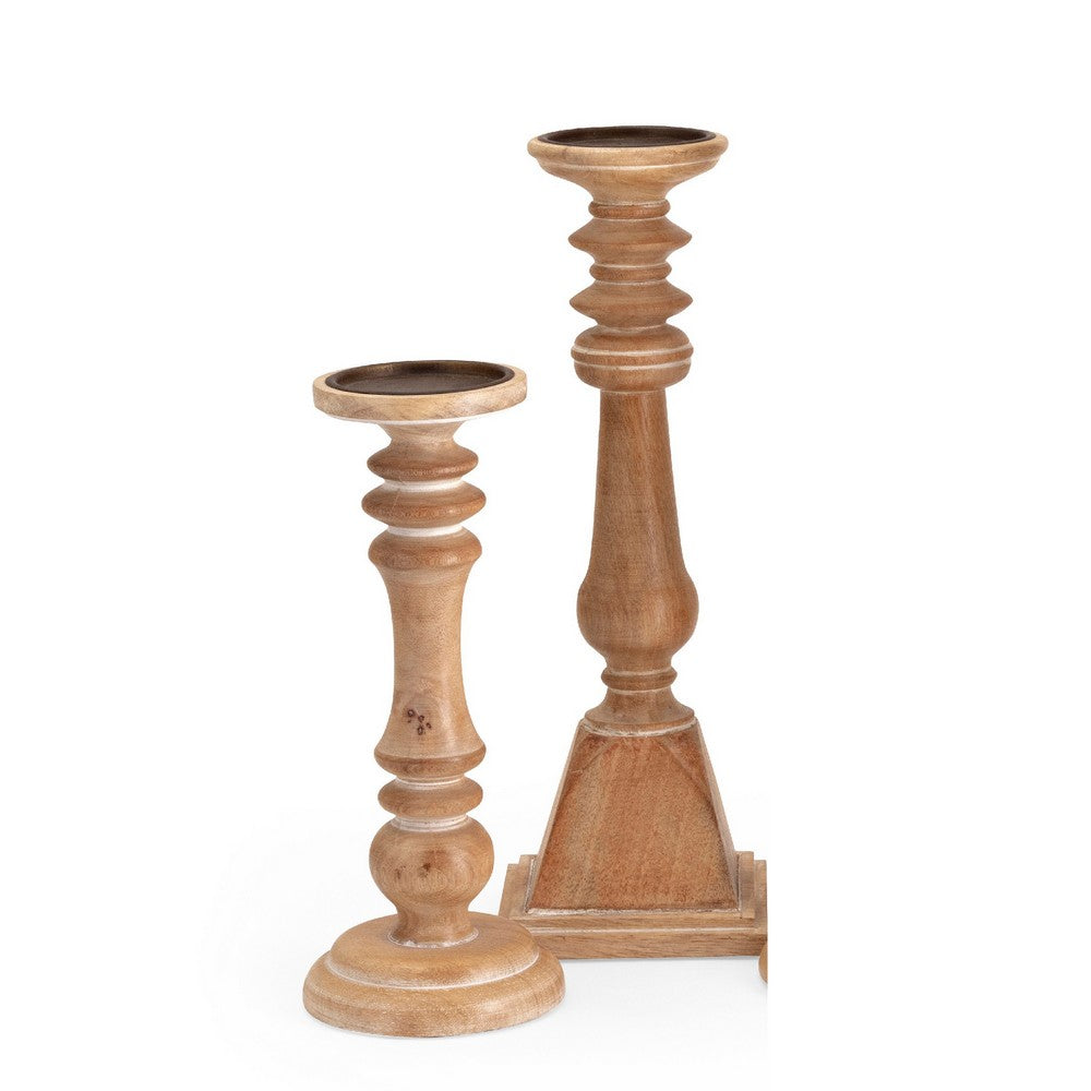 Hez 5pc Turned Candle Holder Set | Table top Accent | Rustic Brown Wood