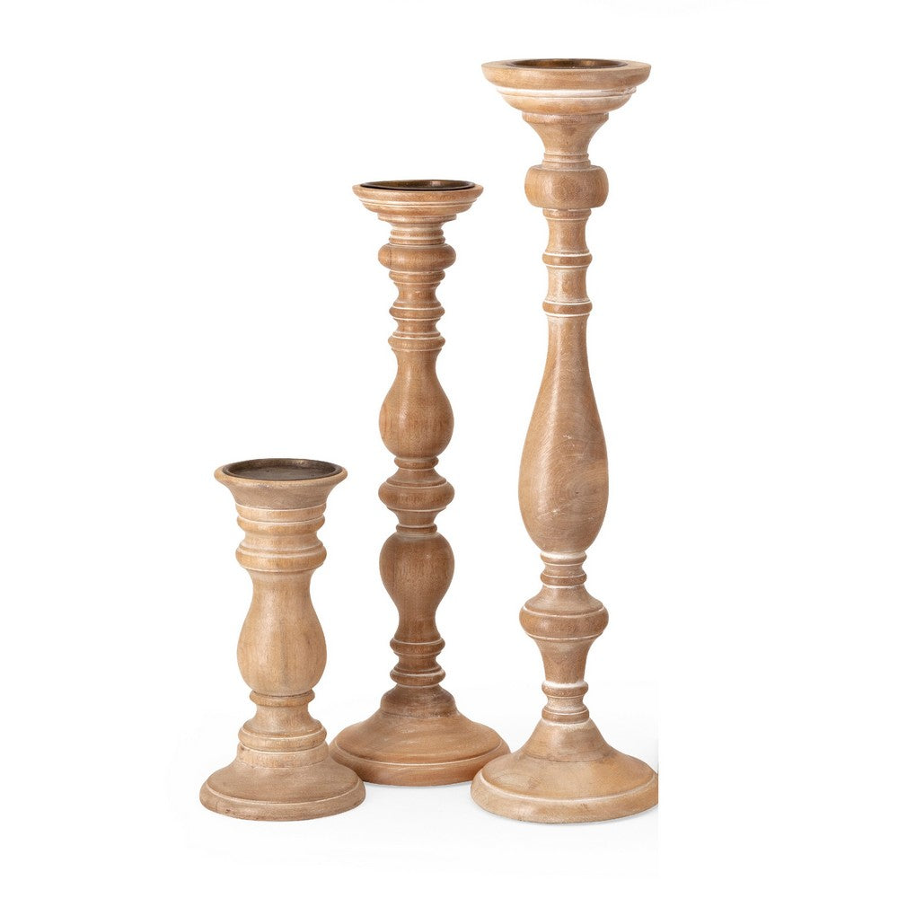 Hez 5pc Turned Candle Holder Set | Table top Accent | Rustic Brown Wood