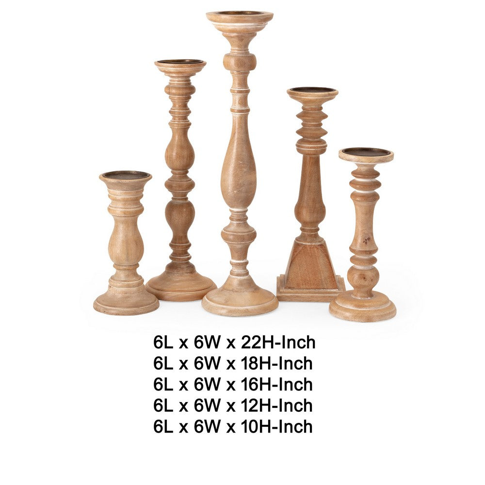 Hez 5pc Turned Candle Holder Set | Table top Accent | Rustic Brown Wood