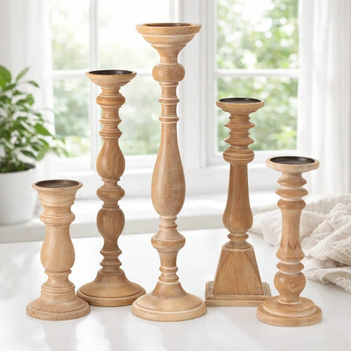 Hez 5pc Turned Candle Holder Set | Table top Accent | Rustic Brown Wood