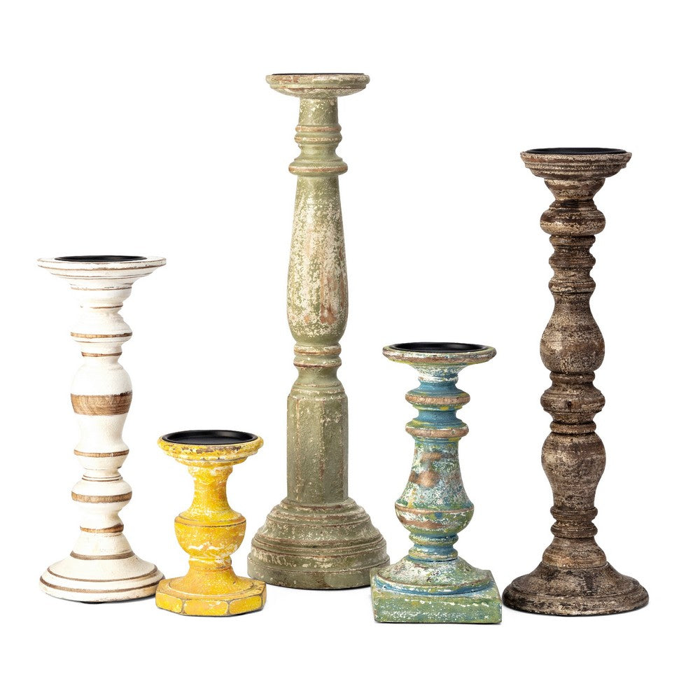 Hez 5pc Layered Candle Holder Set | Distressed Cream & Brown Wood