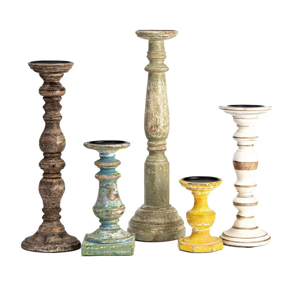 Hez 5pc Layered Candle Holder Set | Distressed Cream & Brown Wood
