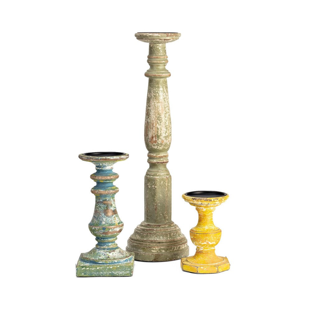 Hez 5pc Layered Candle Holder Set | Distressed Cream & Brown Wood